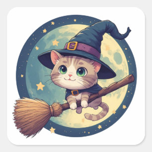 Sticker Carré Charmante chatte sorcière chevauchant un balai sou