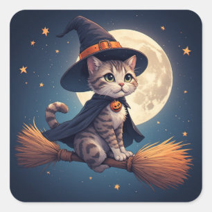 Sticker Carré Charmante chatte sorcière et scène de lune d'Hallo
