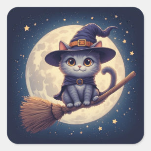 Sticker Carré Charmante chatte sorcière volant à travers la nuit