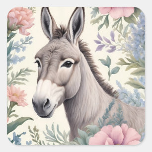 Sticker Carré Charmante Donkey Pastel Fleurs Ferme Animal