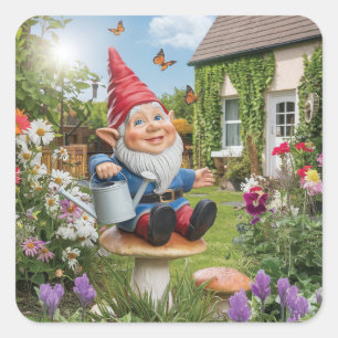Sticker Carré Charmante Gnome de jardin avec canne d'eau