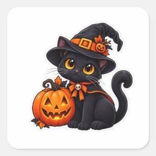 Sticker Carré Charmante Sorcière Chat Noir Halloween Citrouille
