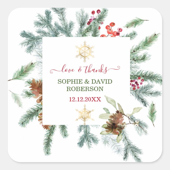 Sticker Carré Charmantes vacances d'hiver Cônes de pin Baies Noë (Devant)