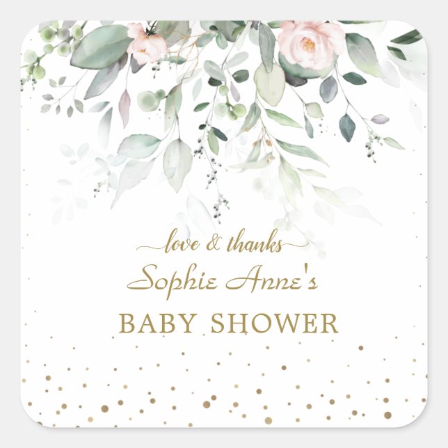 Sticker Carré Charme Aquarelle Verdure Baby shower rose Floral (Devant)