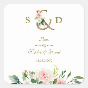 Sticker Carré Charme Blush Floral Or Ampersand Monogram Mariage