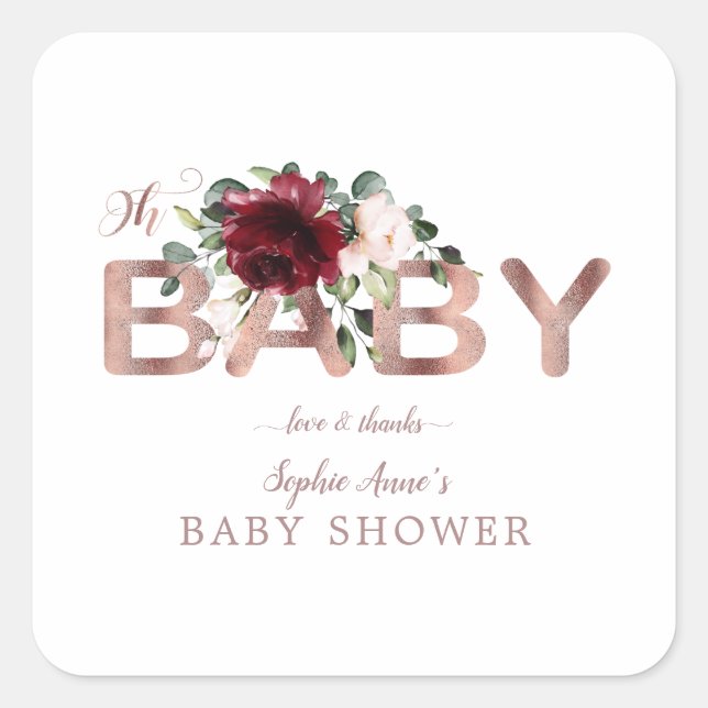 Sticker Carré Charme Bourgogne rose Floral Baby shower fille or (Devant)