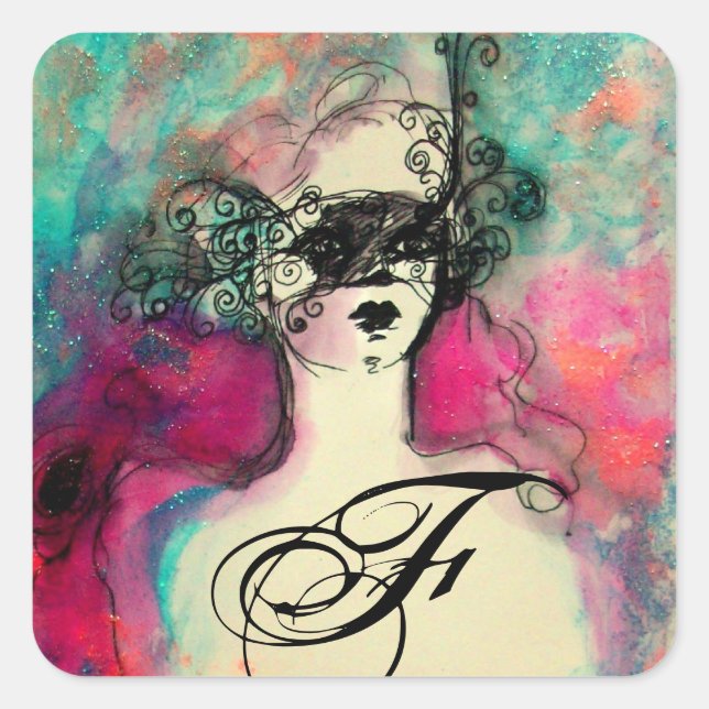 Sticker Carré CHARME /Dame au Masque Monogramme rose Turquoise v (Devant)