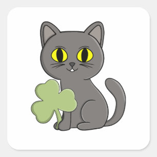 Sticker Carré Charme Trèfle de Shamrock Chat Gris