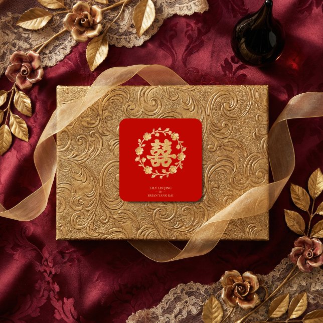 Sticker Carré Charming Glitter Floral Chinese Double Happiness (Charming Glitter Effect Floral Chinese Double Happiness Symbol Classic Square Stickers Design.)