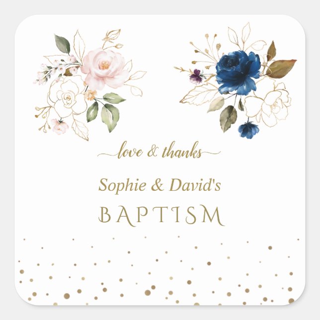 Sticker Carré Charming Rose Blue Gold Flowers Twins Baptême (Devant)
