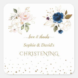 Sticker Carré Charming Rose Blue Gold Flowers Twins Christening