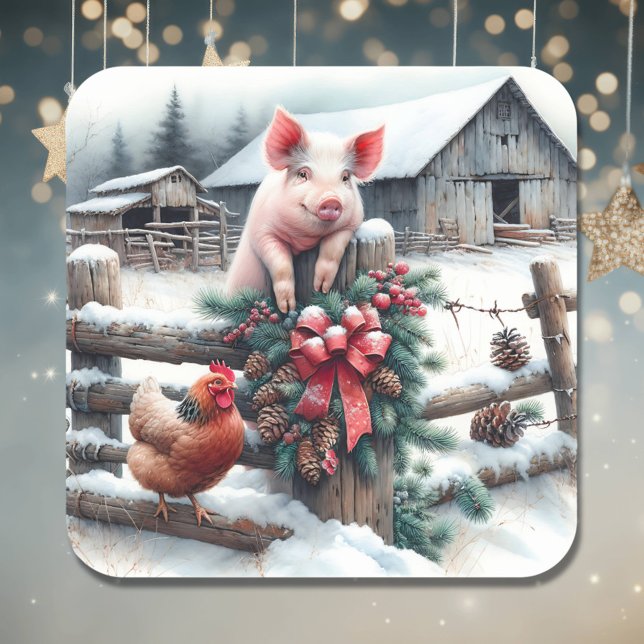 Sticker Carré Charte ferme de Noël de porc et de poulet (Créateur téléchargé)