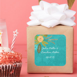 Sticker Carré Chartreuse moderne Turquoise Mariage damassé