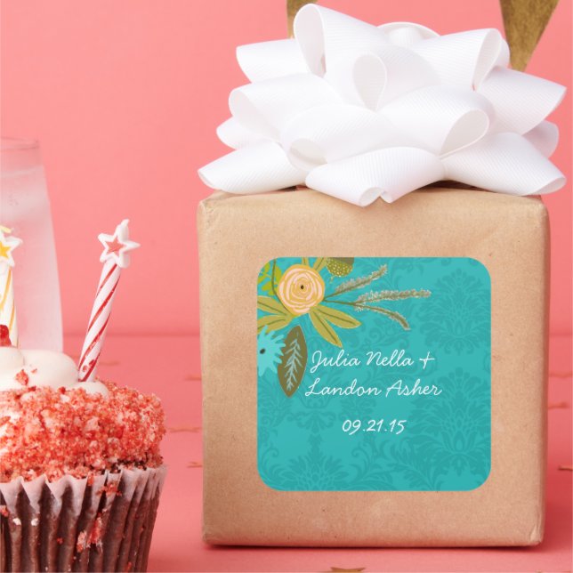 Sticker Carré Chartreuse moderne Turquoise Mariage damassé (Fête)