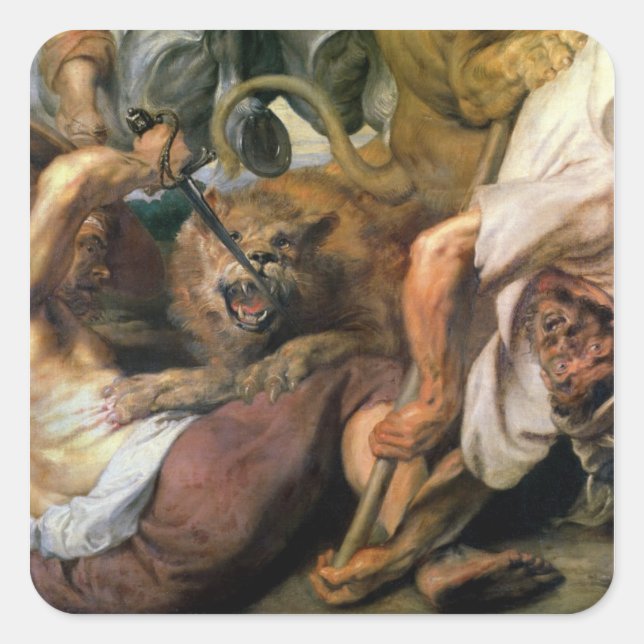 Sticker Carré Chasse au lion, détail de deux hommes et un lion,  (Devant)