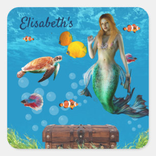 Sticker Carré Chasse au trésor sous-marin Sirène Imaginaire bleu