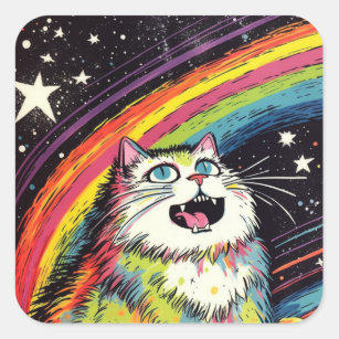 Sticker Carré Chat à bouffée colorée dans l'espace