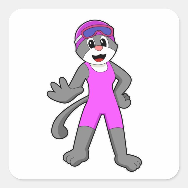 Sticker Carré Chat à la natation avec maillot de bain (Devant)