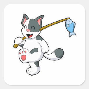 Sticker Carré Chat à la pêche avec bâton de pêche