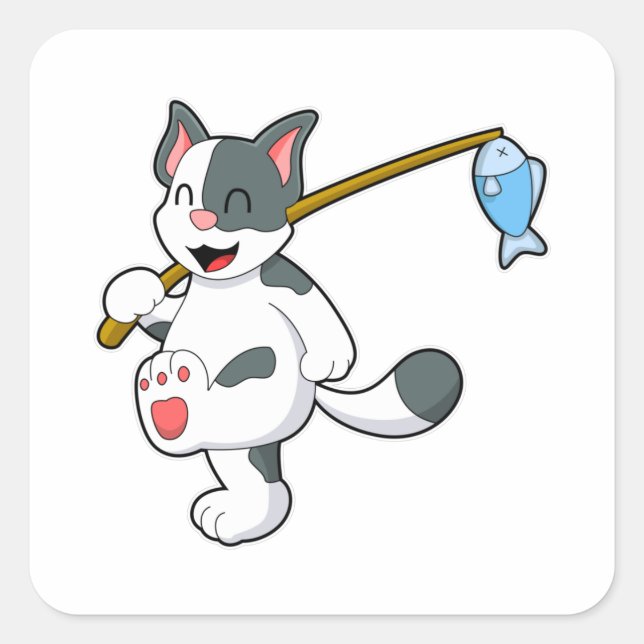 Sticker Carré Chat à la pêche avec bâton de pêche (Devant)