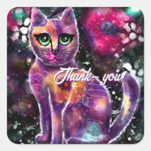 Sticker Carré Chat Abstrait floral blanc Kitty noir rose