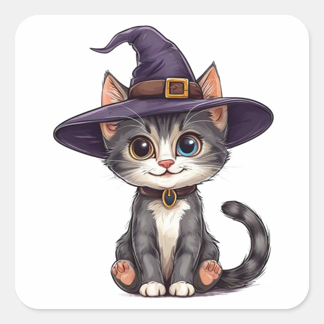 Sticker Carré Chat adorable avec chapeau de sorcière (Devant)