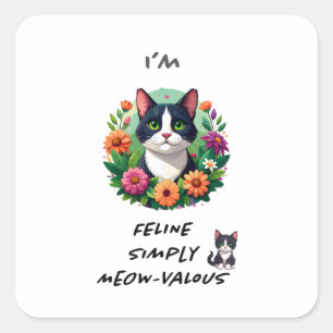 Sticker Carré Chat amoureux floral Chat Tuxedo