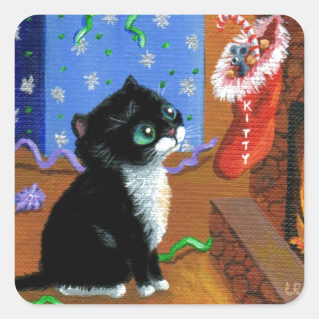 Sticker Carré Chat amusant Noël Tuxedo Kitten souris (Devant)