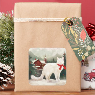 Sticker Carré Chat angora turc à Noël sous la neige