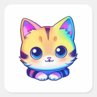 Sticker Carré Chat arc-en-ciel mignon