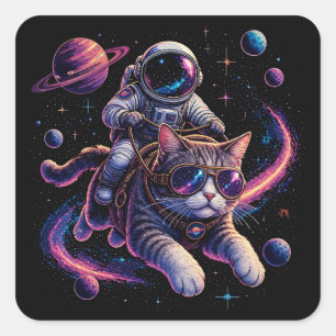 Sticker Carré Chat astronaute chevauchant à travers l'espace