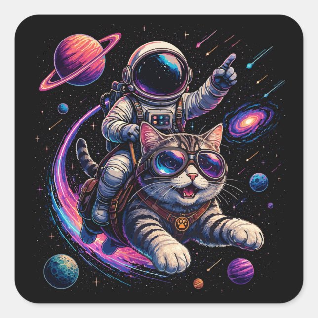 Sticker Carré Chat astronaute chevauchant à travers l'espace (Devant)