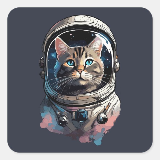 Sticker Carré Chat Astronaute Dans L'Espace Art Aquarelle (Devant)