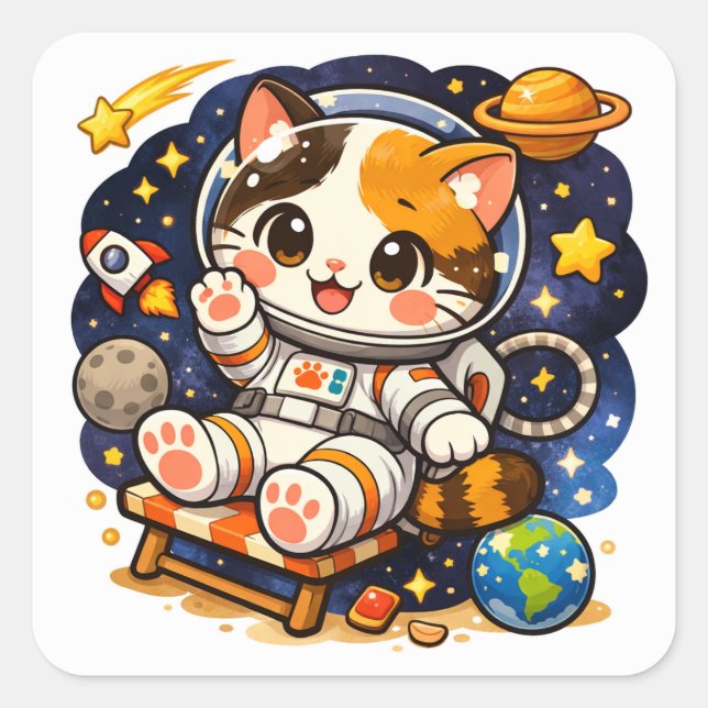 Sticker Carré Chat Astronaute Mignon | Illustration de Chat de l (Devant)
