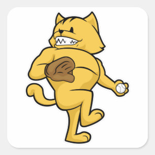 Sticker Carré Chat au baseball avec gant Catch