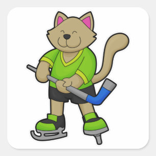 Sticker Carré Chat au hockey sur glace avec bâton de hockey sur