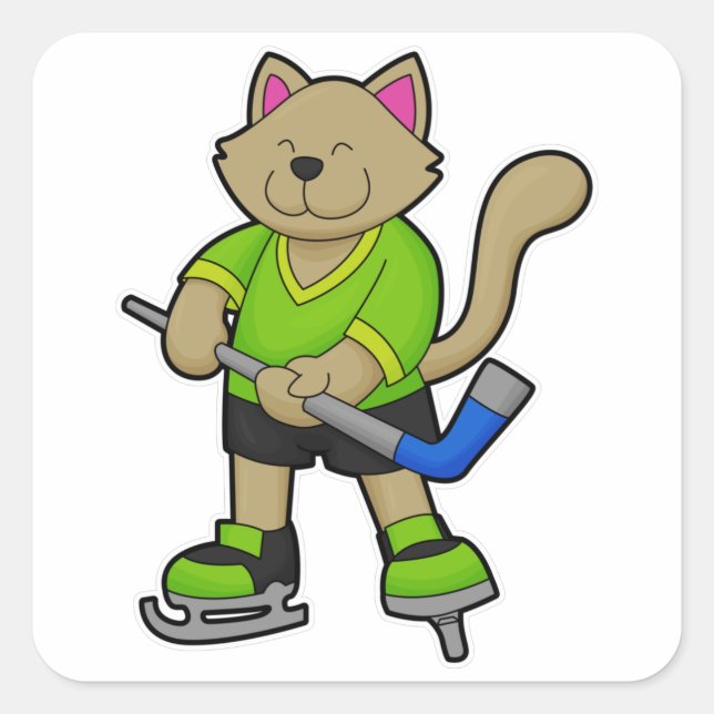 Sticker Carré Chat au hockey sur glace avec bâton de hockey sur  (Devant)