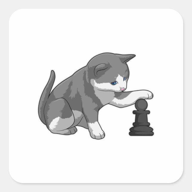 Sticker Carré Chat aux échecs avec pièce d'échecs Évêque (Devant)