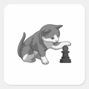Sticker Carré Chat aux échecs avec pièce d'échecs Évêque