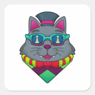 Sticker Carré Chat aux échecs avec pièce d'échecs Pawn