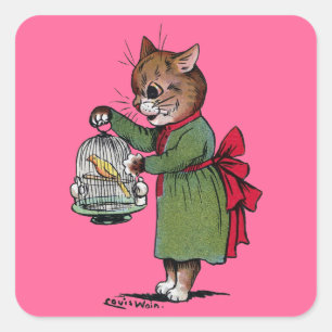 Sticker Carré Chat avec cage d'oiseaux, Louis Wain
