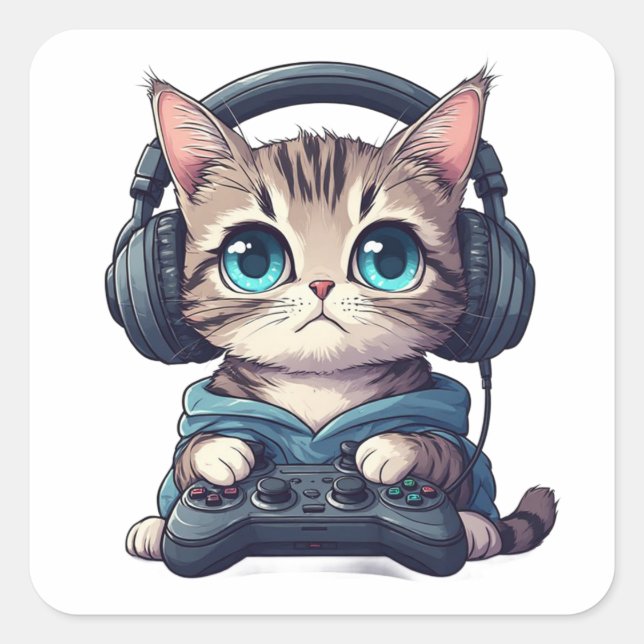 Sticker Carré Chat avec casque audio et manette (Devant)