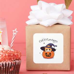 Sticker Carré Chat avec casquette sorcier à Halloween Jack-O-Lan