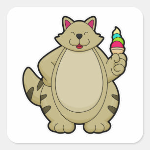 Sticker Carré Chat avec crème glacée gaufre