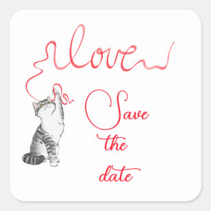 Sticker Carré Chat avec ruban Enregistrer la date Enveloppe Phoq