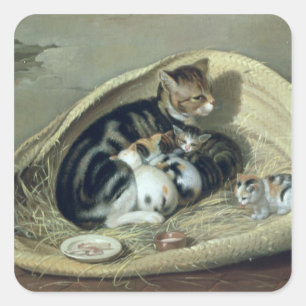 Sticker Carré Chat avec ses chatons dans un panier, 1797