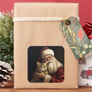 Sticker Carré Chat Bengal avec le Père Noël Festif Noël