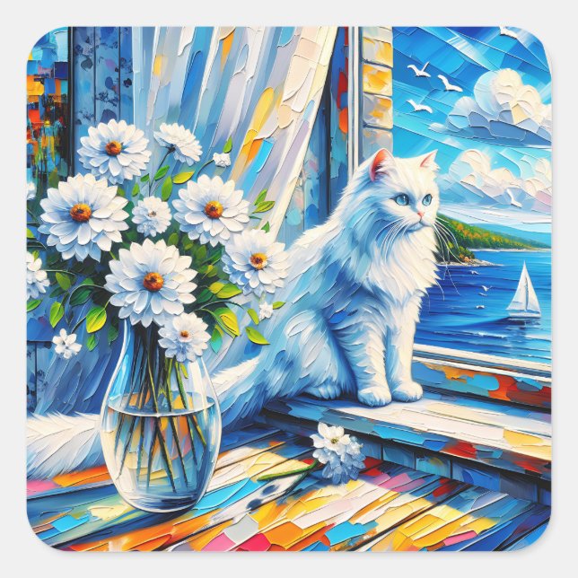 Sticker Carré Chat blanc dans le rebord de fenêtre Vue sur l'océ (Devant)
