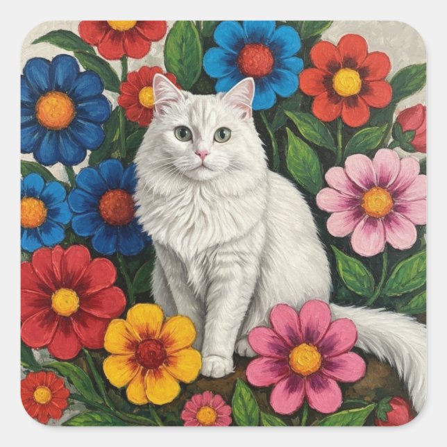 Sticker Carré Chat Blanc Fluffy et Fleurs d'Art Populaire (Devant)