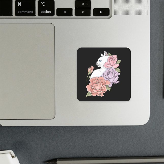 Sticker Carré Chat Blanc Pastel Floral Botanique Romantique Noir (Créateur téléchargé)